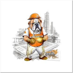 A Carpenter English Bulldog standing on a construction site, holding a blueprint and pointing Posters and Art